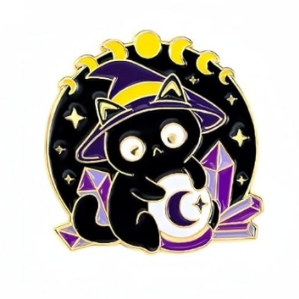Mystic Cat Enamel Pin - Purple & Black Witch Hat Design